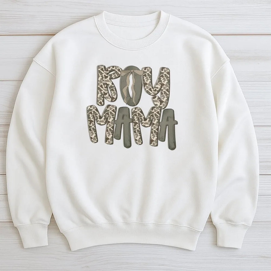 Boy Mama Sweatshirt | Camo Lettering with Bow Graphic | Soft Cotton Tee | Trendy Western Style Gift for Mom