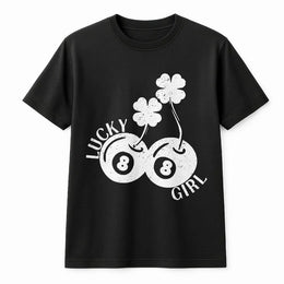 Lucky Girl T-Shirt | Eight Ball Cherry Clover Design | Premium 100% Cotton Tee | Retro Y2K Style St Patrick's Day Gift for Her
