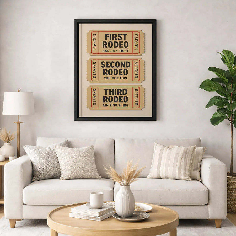 First Rodeo Canvas Wall Art | Vintage Ticket Stub Quote Design | Gallery-Quality 1.25-Inch Profile | Unique Encouraging Gift For New Moms And Dads
