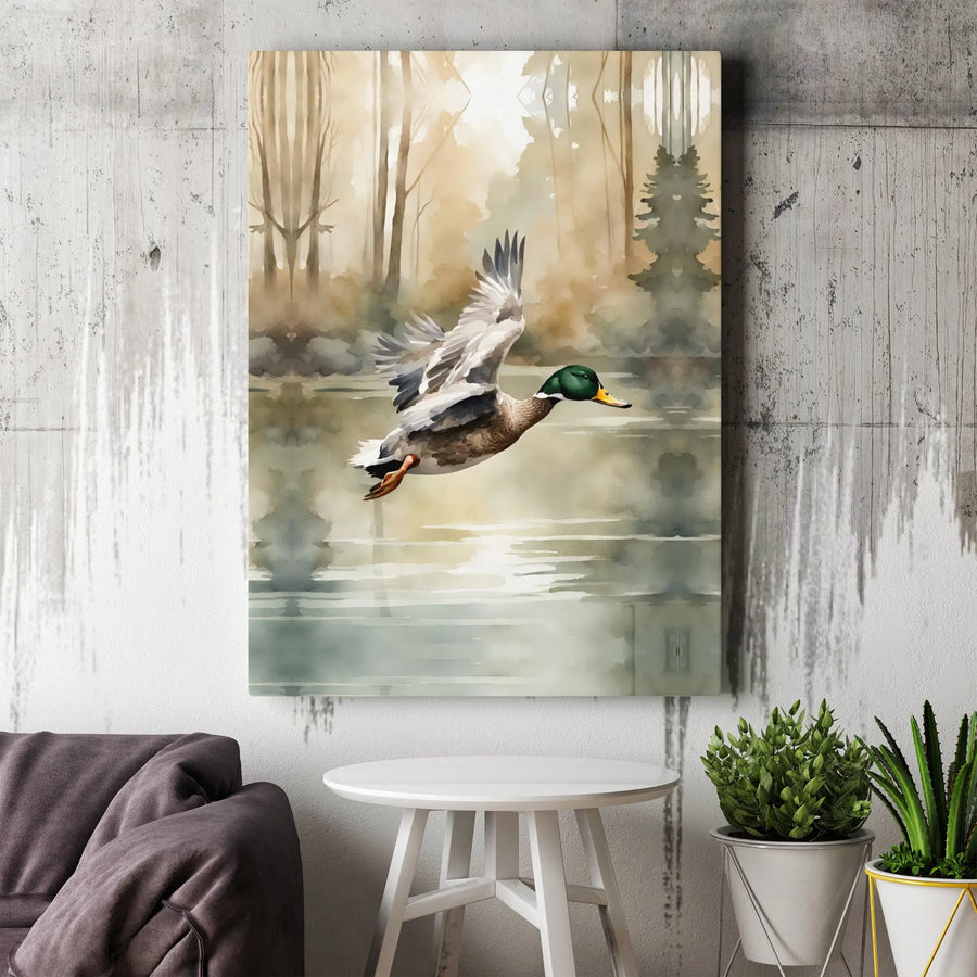 Mallard Duck Canvas Wall Art | Watercolor Flying Duck Over Misty Lake | Gallery Wrapped Premium Print | Nature-Inspired Home Decor Gift