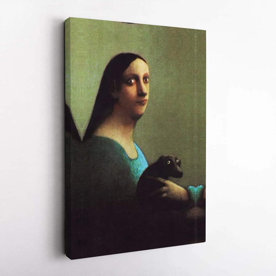 Funny Cursed Dog Meme Canvas Print | Renaissance Woman with Dog Painting | Premium Stretched Canvas | Unique Dark Academia Wall Art Gift