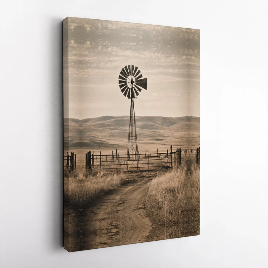Rustic Windmill Canvas Wall Art | Sepia Farm Landscape Print | Premium Gallery Wrap Decor | Farmhouse Country Home Gift for Living Room