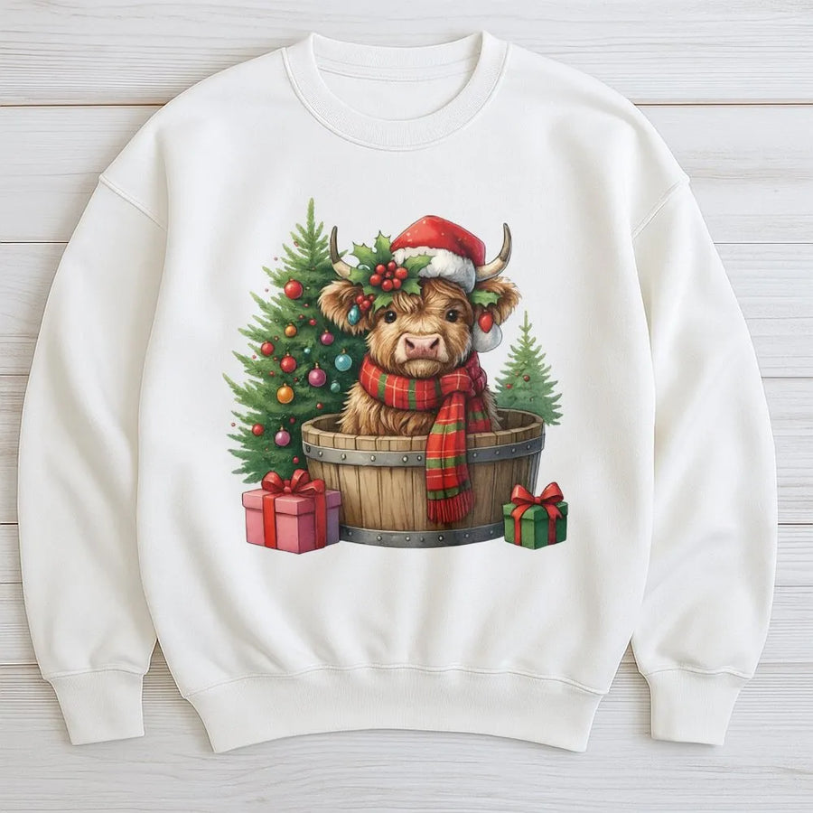 Christmas Highland Cow Sweatshirt | Festive Santa Hat Cow Graphic | Premium Cotton Blend Crewneck | Cute Holiday Animal Gift for Her