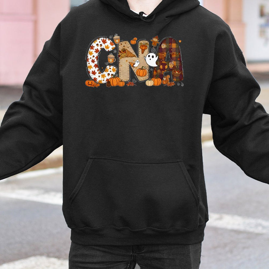 CNA Fall Halloween Hoodie | Autumn Pumpkin Graphic Sweatshirt | Premium Cotton-Blend Apparel | Perfect Gift for Certified Nursing Assistants