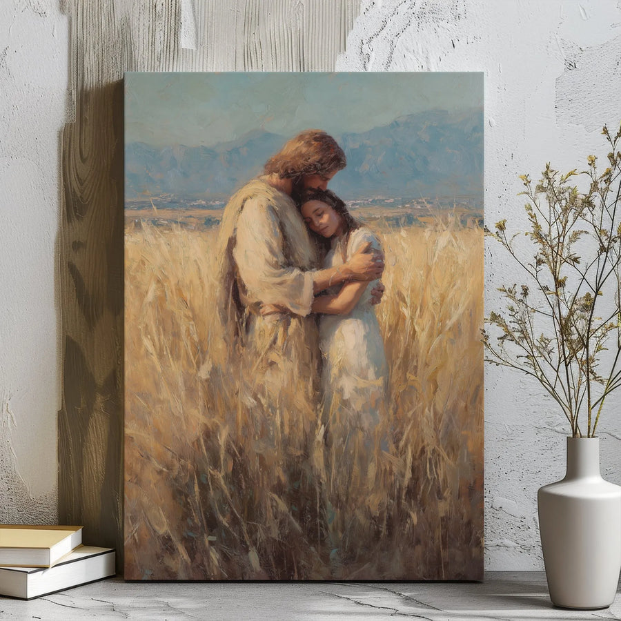 Jesus and Woman Canvas Print | Comforting Religious Wall Art | Premium Gallery Wrap | Christian Home Decor Gift for Believers