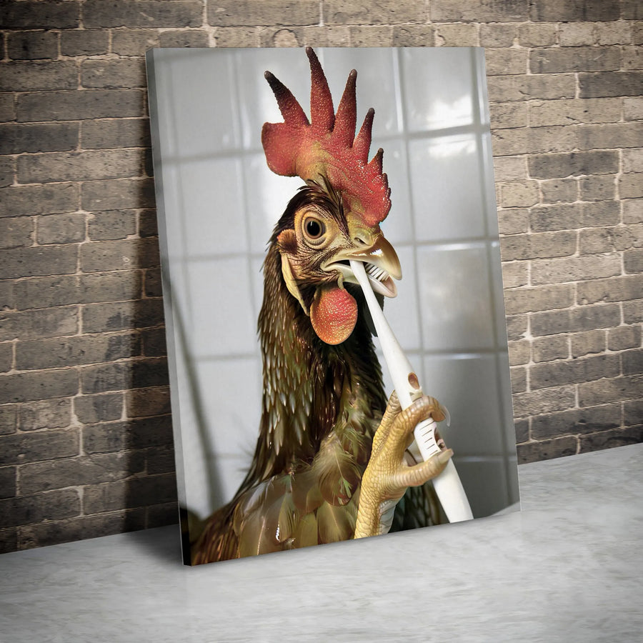 Rooster Brushing Teeth Canvas Art | Funny Animal Bathroom Wall Decor | Premium Fade-Resistant Print | Quirky Gift for Farmhouse Lovers