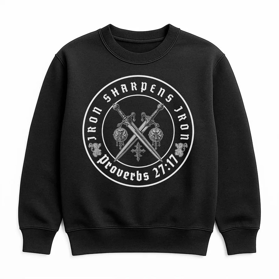 Iron Sharpens Iron Sweatshirt | Proverbs 27:17 Crossed Swords Graphic | Premium Cotton Blend | Christian Gift for Men