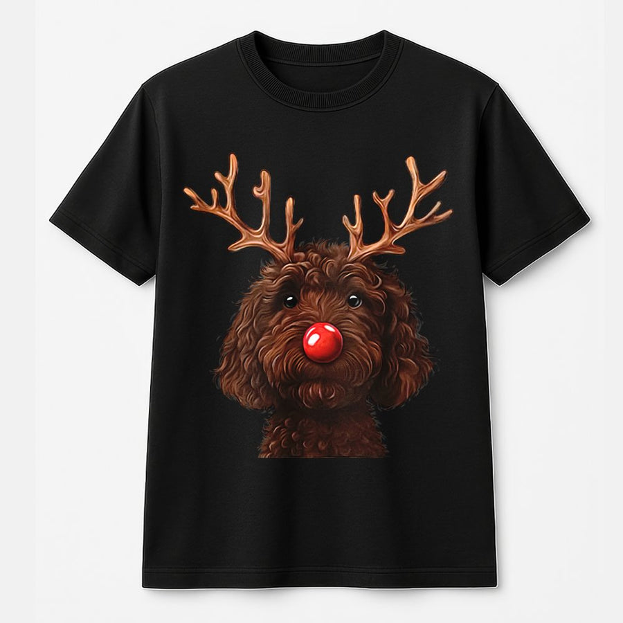 Chocolate Doodle Reindeer T-Shirt | Funny Holiday Dog Lover Graphic | Premium 100% Cotton Tee | Xmas Gift For Doodle Mom And Dad