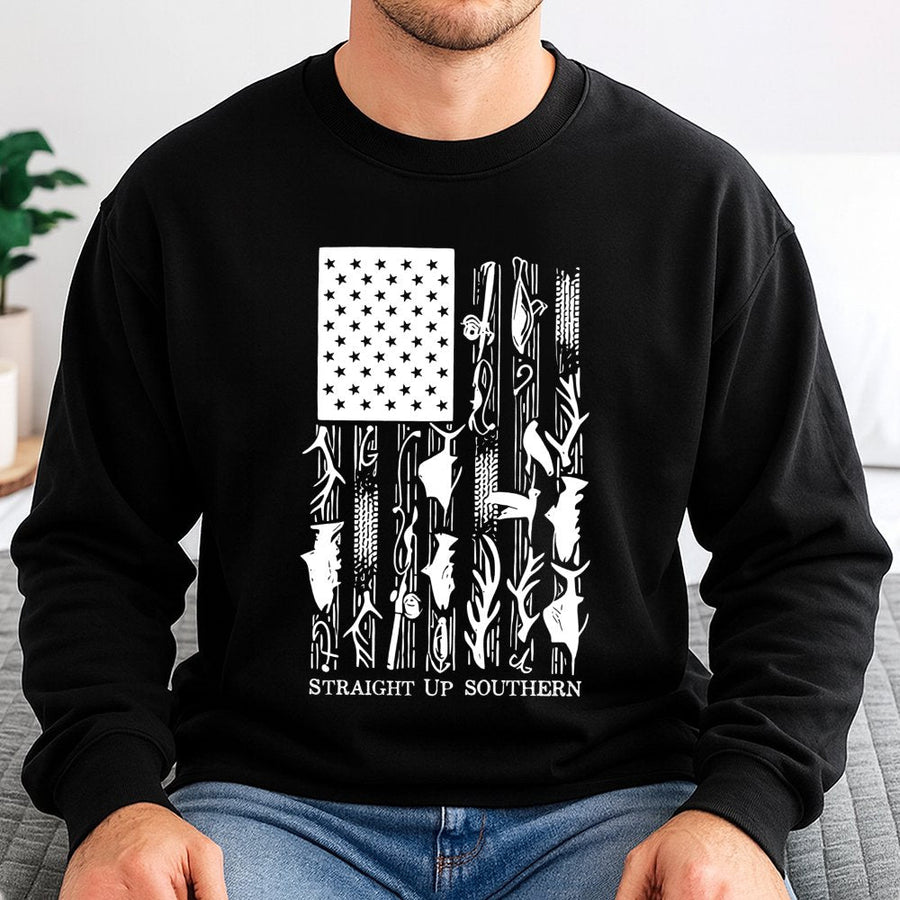Fishing American Flag Sweatshirt | Patriotic Hunting Wildlife Graphic | Cotton Blend Unisex Pullover | Outdoor Gift For Outdoorsmen