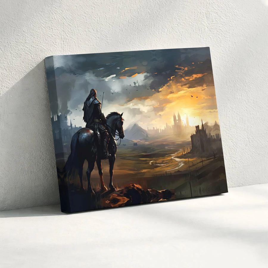 Fantasy Knight Canvas Wall Art | Epic Warrior Overlooking Kingdom | Premium Matte Print | Collector's Gift for Gamer, Game Room Decor