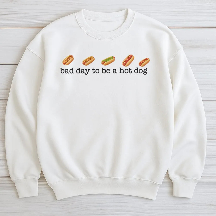 Funny Hot Dog Sweatshirt | 'Bad Day To Be A Hot Dog' Retro Graphic | Soft Cotton-Poly Blend | Unique 4th of July Cookout Gift for Foodies