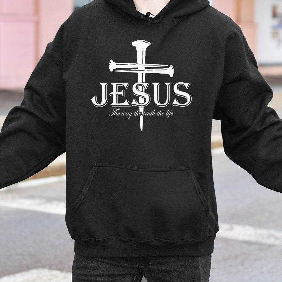 Jesus The Way The Truth The Life Hoodie | Nail Cross Religious Graphic | Premium Cotton Blend | Christian Faith Gift For Men And Women