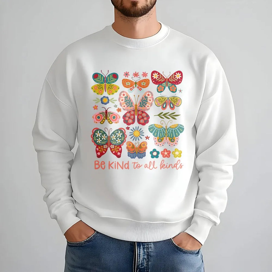 Be Kind To All Kinds Butterfly Shirt | Boho Folk Art Graphic Tee | Soft 100% Cotton | Inspirational Kindness Gift for Women
