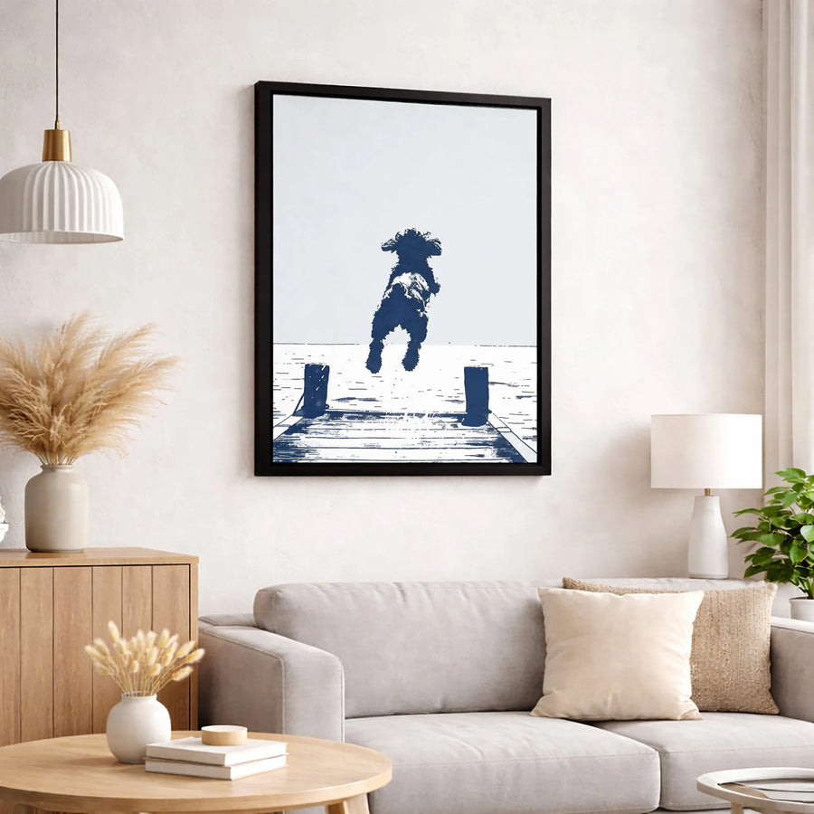 Jumping Dog Canvas Art | Silhouette Dock Jump Print | Premium 1.25-Inch Gallery Wrap | Modern Pet Lover Home Decor Gift