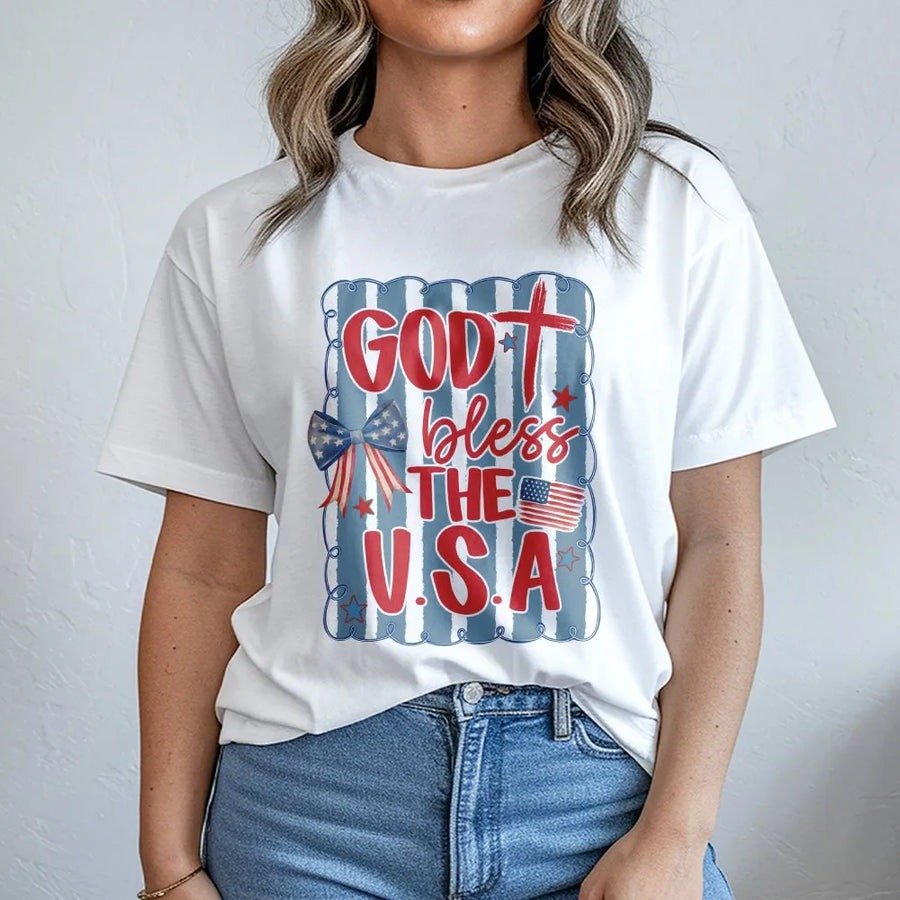 God Bless The USA T-Shirt | Patriotic Coquette Bow Graphic | Soft Cotton Blend | Christian 4th of July Gift For Women
