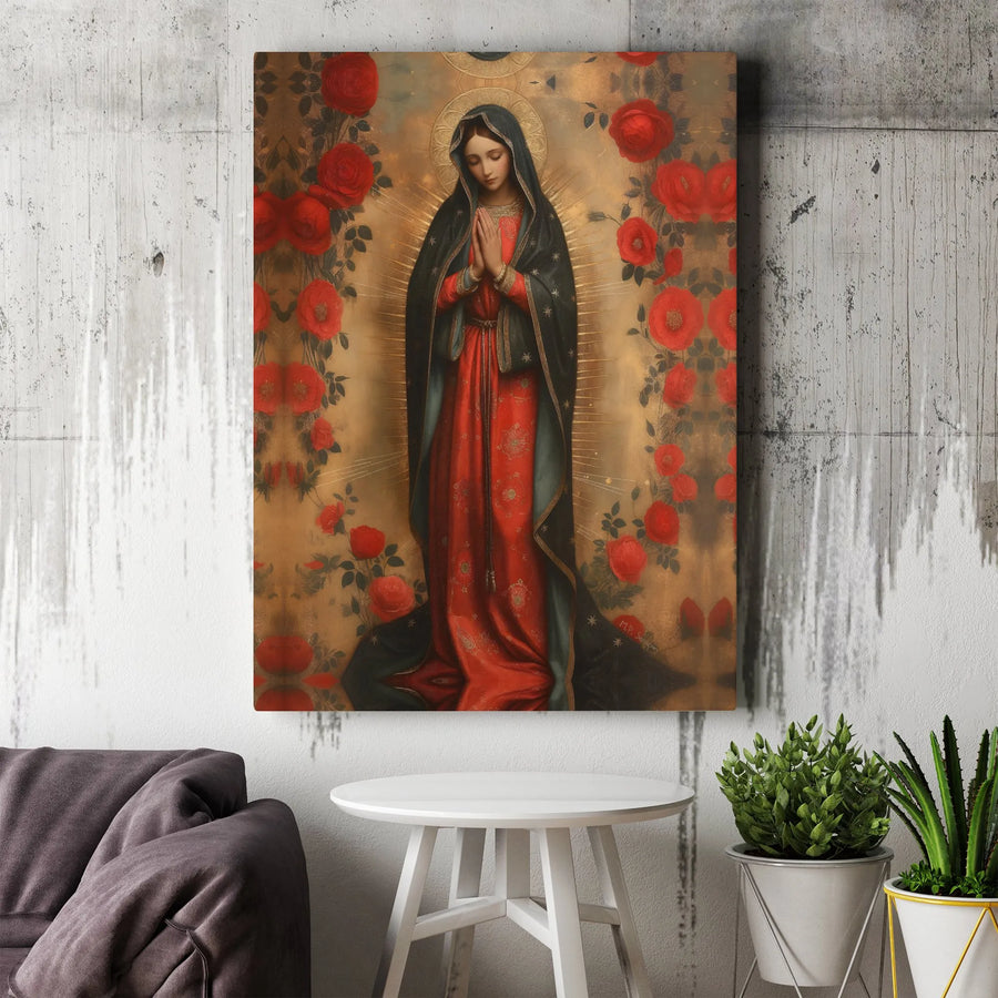 Virgin Mary Canvas Print | Religious Wall Art with Red Roses | Gallery-Quality Fade-Resistant | Spiritual Gift for Home Decor