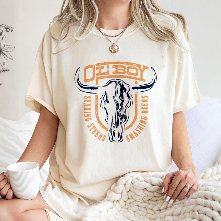 Western Cowboy T-Shirt | Distressed Bull Skull Graphic Print | Premium 100% Cotton | Gift For Country Music & Rodeo Fans