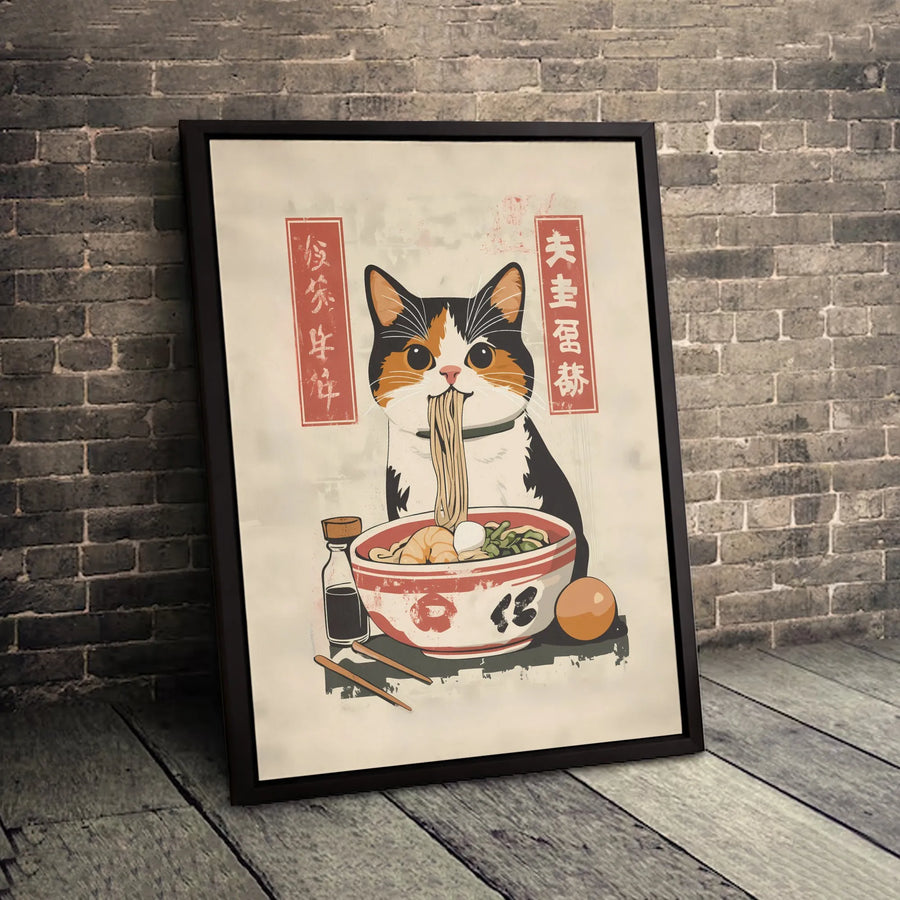 Calico Cat Eating Ramen Canvas Wall Art | Japanese Ukiyo-E Inspired Print | 1.25" Premium Gallery Wrap | Kawaii Kitchen Decor Gift for Cat Lovers