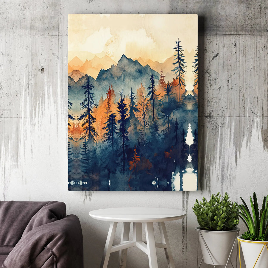 Watercolor Mountain Forest Wall Art | Abstract Pine Tree Landscape Canvas | Premium Fade-Resistant Print | Gallery Quality Home Decor
