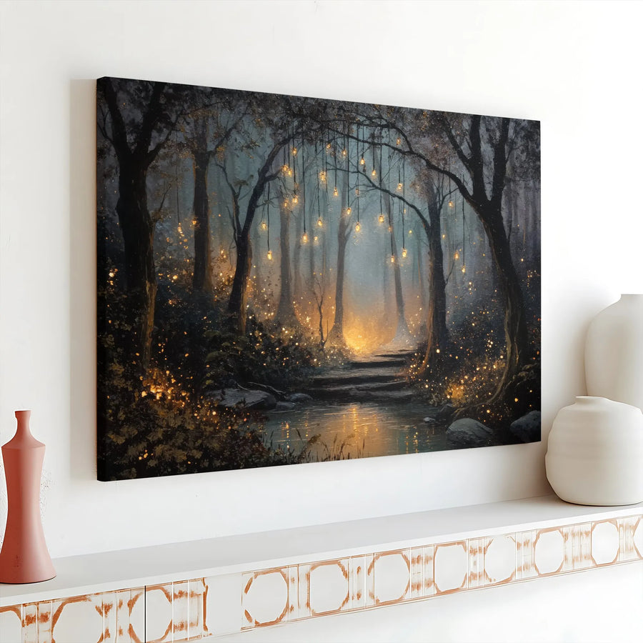 Enchanted Forest Canvas Wall Art | Mystical Woods with Glowing Lanterns | Premium Gallery Wrapped Canvas | Whimsical Home Decor Gift