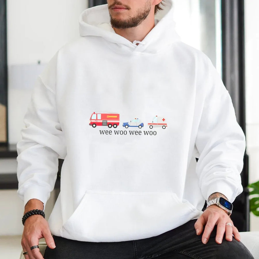 Wee Woo Hoodie | Cute Emergency Vehicle Graphic Sweatshirt | Premium Cotton Blend | Gift for EMT Firefighter Police