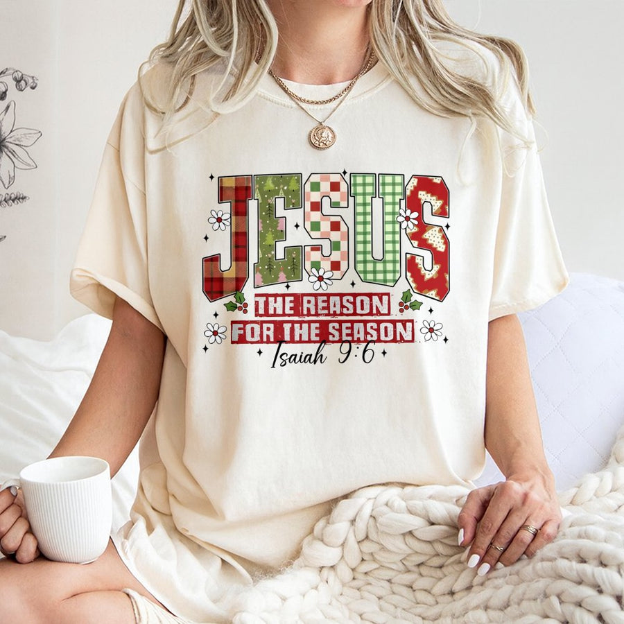 Jesus Is The Reason For The Season T-Shirt | Plaid Christmas Faith Graphic | 100% Premium Cotton Tee | Christian Holiday Religious Gift