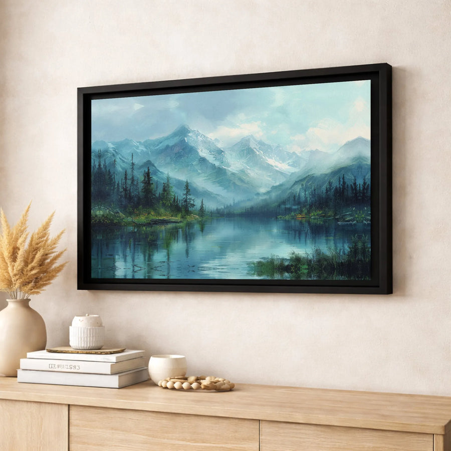 Misty Mountain Lake Canvas Art | Impressionist Pine Forest Landscape | 1.25-Inch Premium Gallery Wrap | Nature Home Decor Wall Print