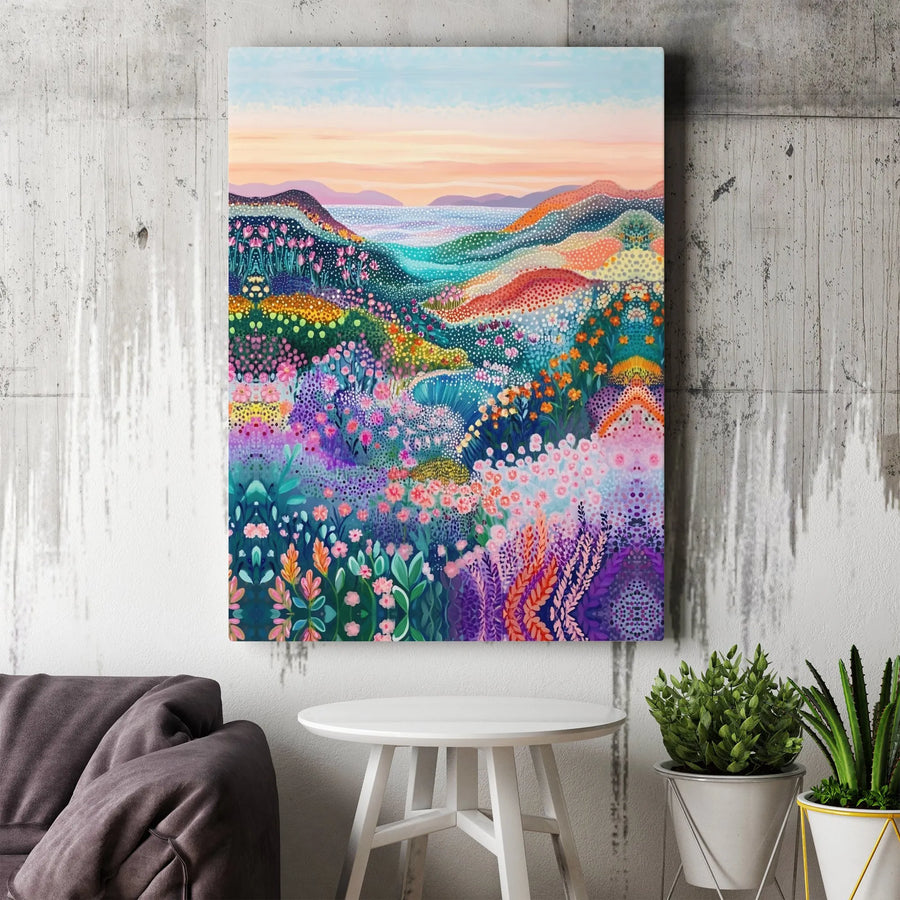 Vibrant Floral Landscape Canvas | Colorful Pointillism Rolling Hills Art | Premium Fade-Resistant Print | Gallery-Quality Home Wall Decor