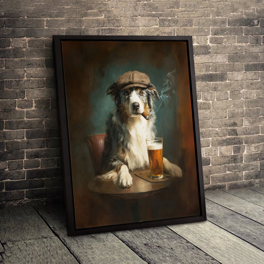Australian Shepherd Wall Art | Funny Dog with Cigar and Beer Painting | Premium Gallery Canvas | Unique Man Cave Home Decor Gift