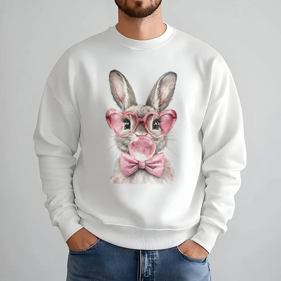 Easter Bunny Sweatshirt | Cute Rabbit Heart Glasses Bubble Gum Design | Premium Cotton Blend | Gift for Women and Kids