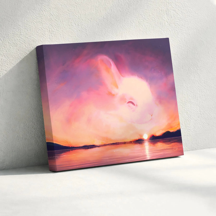 Surreal Bunny Cloud Canvas Art | Whimsical Sunrise Sky Painting | Premium Fade-Resistant Print | Unique Nursery Decor Gift for Rabbit Lovers