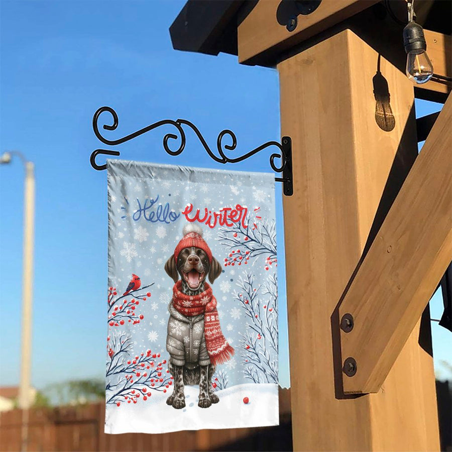 Winter Dog Garden Flag | Hello Winter Snowy Puppy Decor | Weather-Resistant Polyester | Seasonal Outdoor Yard Gift