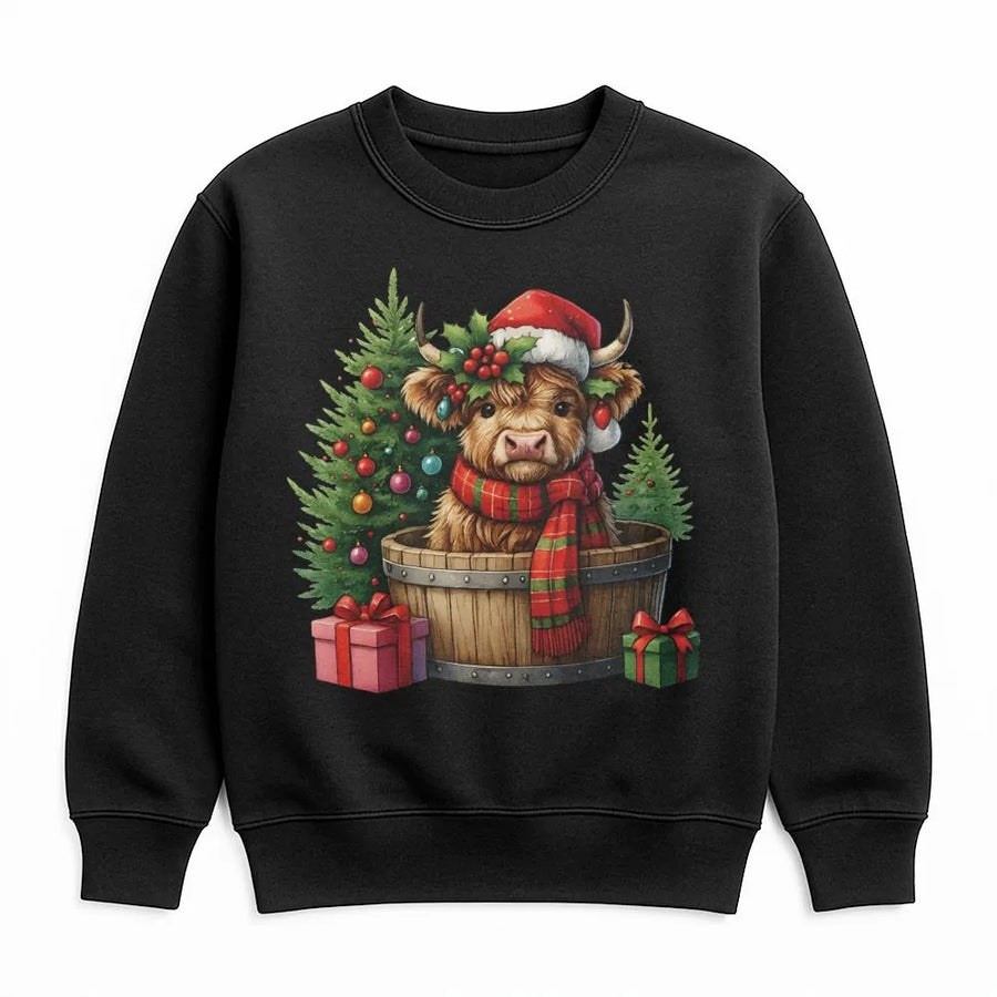 Christmas Highland Cow Sweatshirt | Festive Santa Hat Cow Graphic | Premium Cotton Blend Crewneck | Cute Holiday Animal Gift for Her