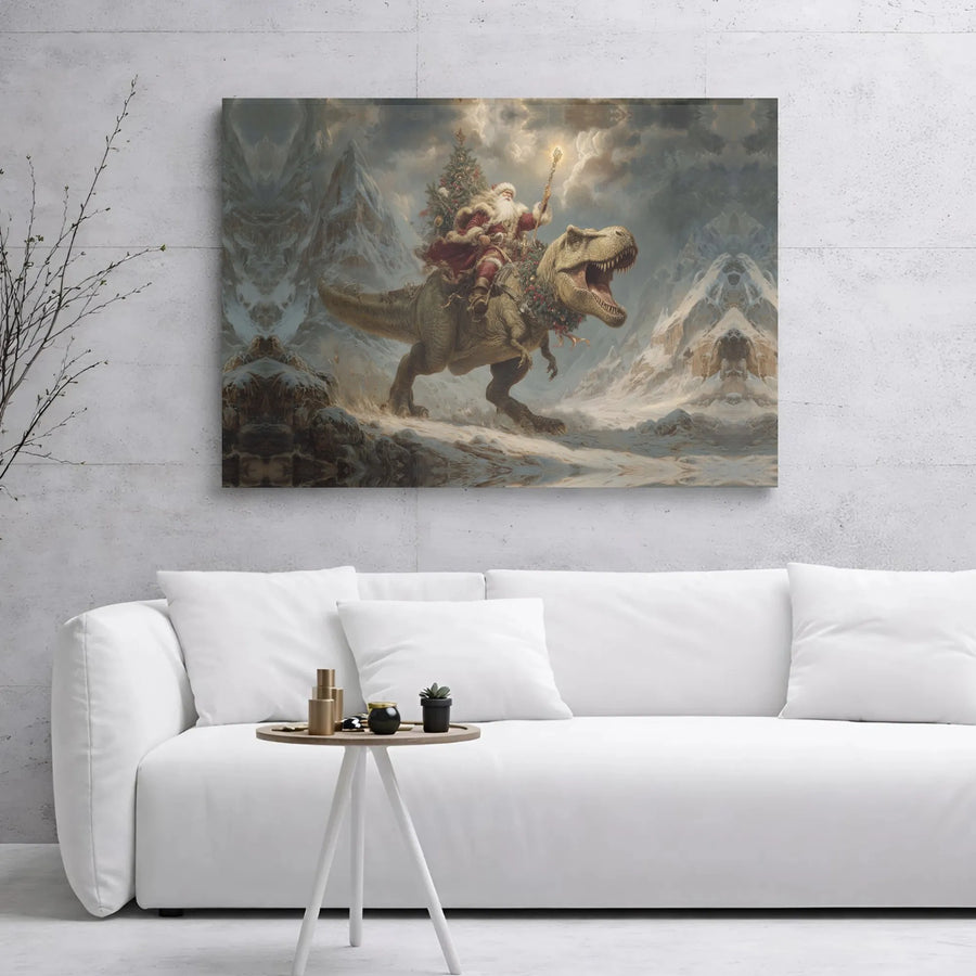 Santa Claus Riding T-Rex Canvas | Whimsical Dinosaur Christmas Wall Art | Premium Gallery Wrap Decor | Fun Holiday Gift for Dinosaur Lovers