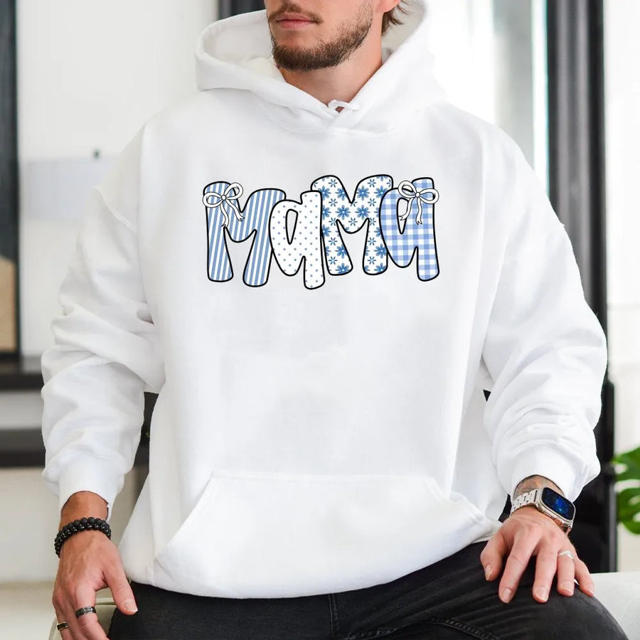 Mama Hoodie | Cute Blue Gingham & Floral Lettering | Cozy Cotton Blend Pullover | Gift for New Mom, Mothers Day Present