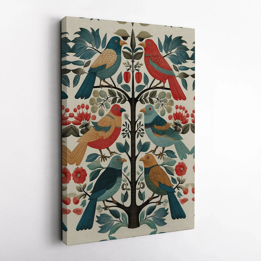 Folk Art Tree Of Life Canvas | Colorful Bird Wall Decor | Gallery Wrapped Premium Print | Boho Botanical Nature Wall Art Gift