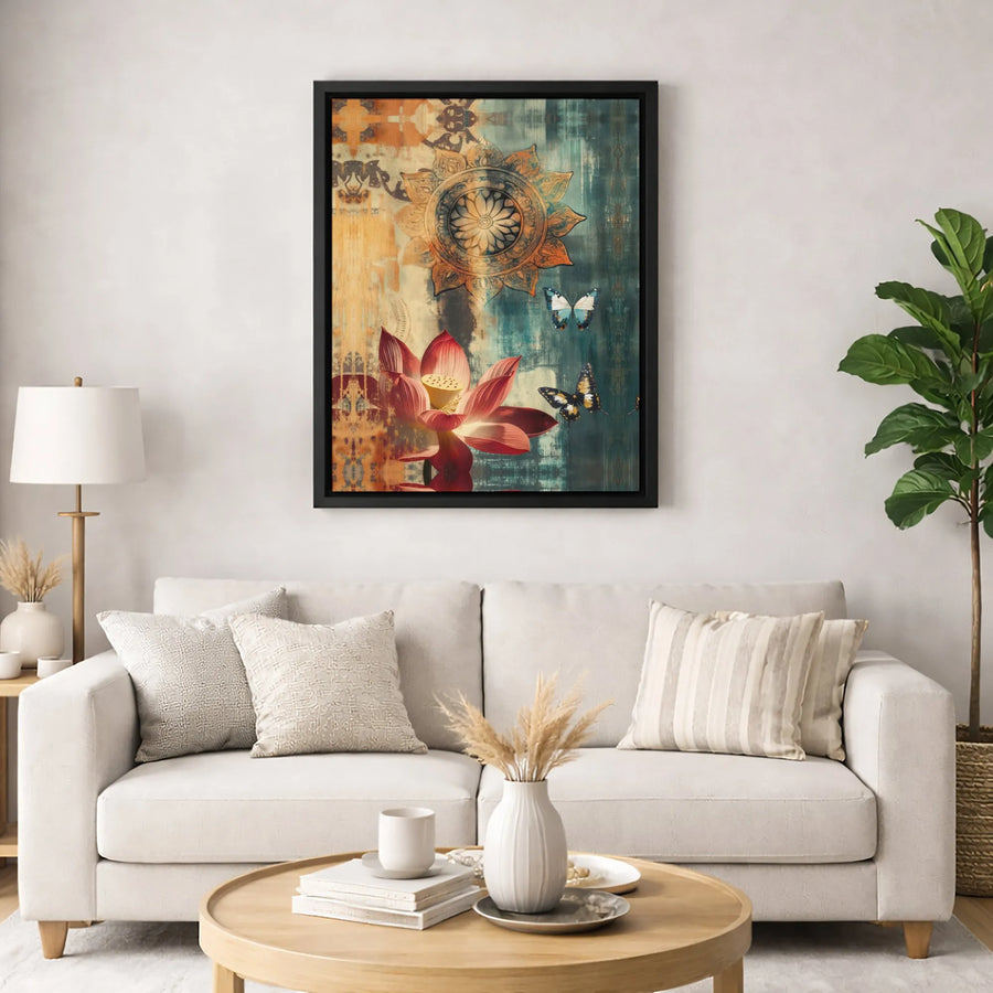 Lotus Flower Mandala Canvas Print | Rustic Bohemian Butterfly Wall Art | Premium Gallery Wrapped Decor | Spiritual Home Office Gift