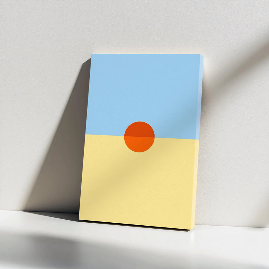 Minimalist Geometric Sunset Canvas Art | Abstract Orange Sun Blue Yellow Horizon | Premium Gallery Wrap Decor | Modern Office Home Wall Art Gift