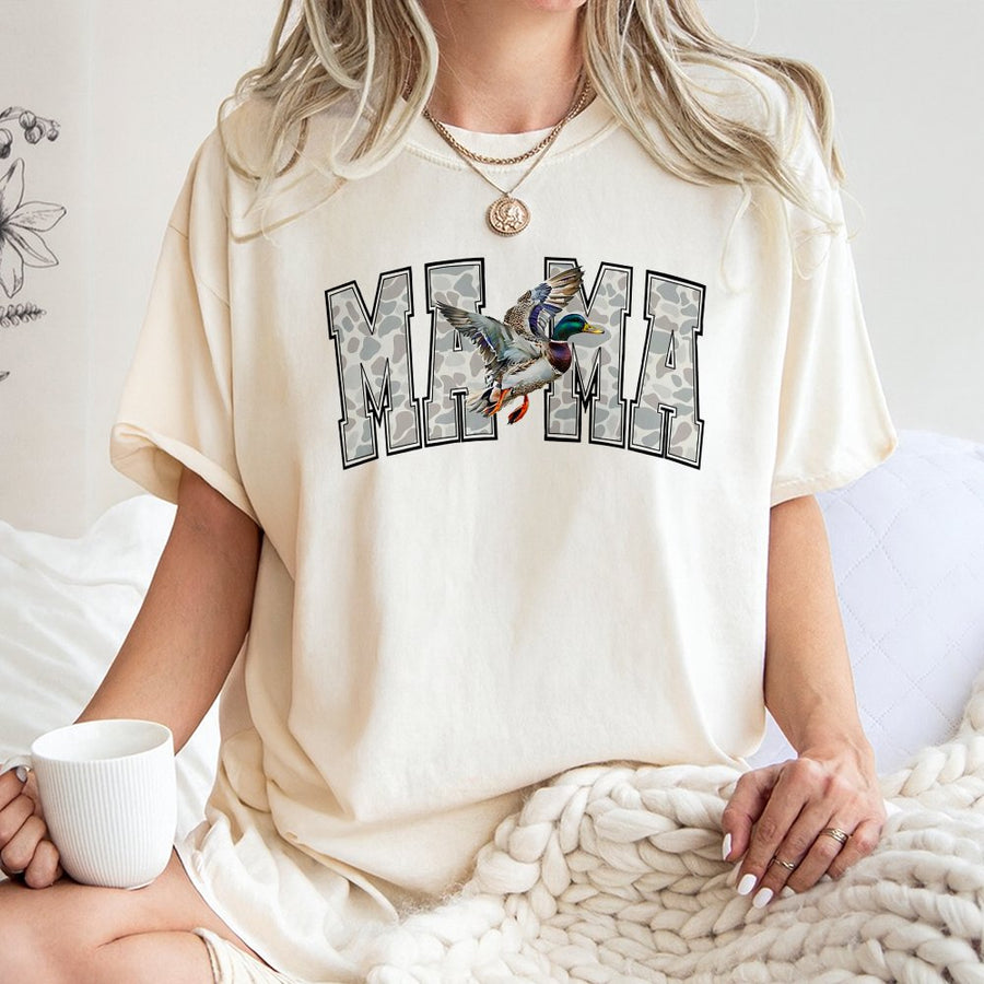 Duck Mama T-Shirt | Camo Print Mallard Design | 100% Cotton Premium Tee | Trendy Hunting Wife Gift for Women