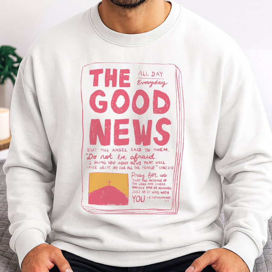 The Good News Christian Sweatshirt | Bible Verse Graphic Print | Premium Cotton Blend Crewneck | Religious Faith Gift for Men and Women