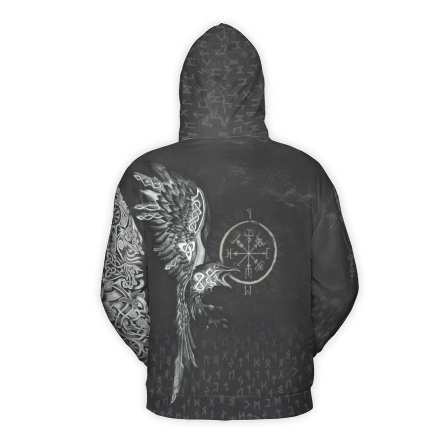 Viking Raven Hoodie | Vegvisir Norse Runes 3D Graphic Print | Premium Polyester Fleece | Unisex Norse Mythology Gift for Men and Women