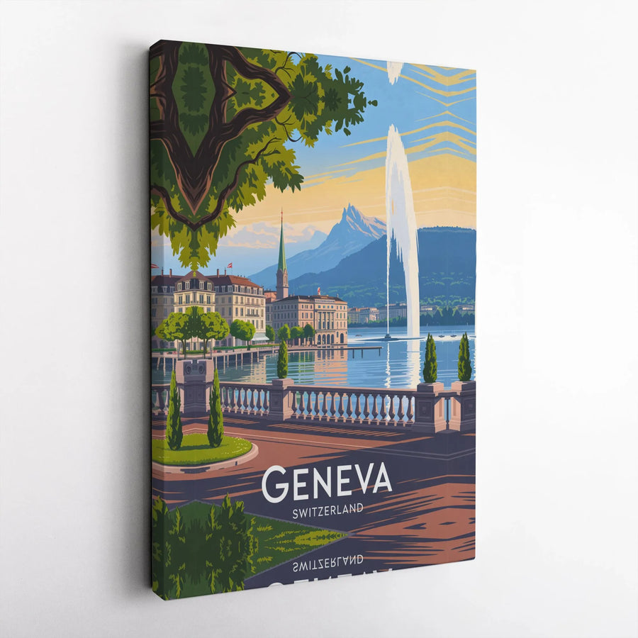 Geneva Switzerland Travel Poster | Vintage Jet D'Eau Fountain Art | Premium Gallery-Wrapped Canvas | Swiss City Wall Decor Gift