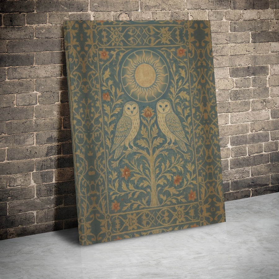 Owl Wall Art Canvas | Vintage Art Nouveau Celestial Sun Design | Premium Gallery Wrap 1.25 Inch | Whimsical Nature Home Decor Gift