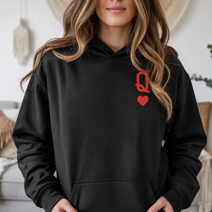 Queen Of Hearts Hoodie | Minimalist Left Chest Playing Card Design | Premium Cotton Blend | Gift For Her And Card Game Lovers