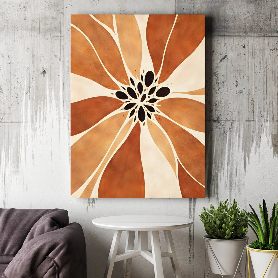 Abstract Sunburst Canvas Art | Mid-Century Modern Earth Tone Petal Design | Premium Fade-Resistant Print | Modern Living Room & Office Decor Gift