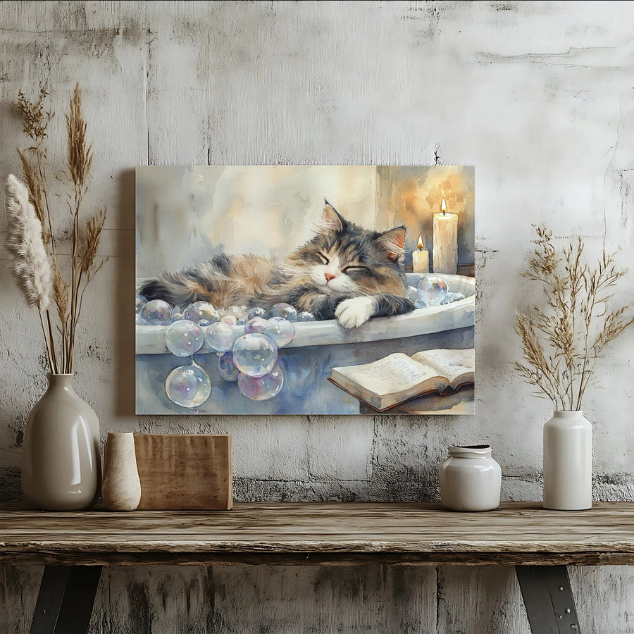 Cozy Cat Canvas Wall Art | Whimsical Watercolor Print of Cat Napping in Bubble Bath | Premium Gallery Wrapped Canvas | Bathroom Decor Gift for Cat Lover
