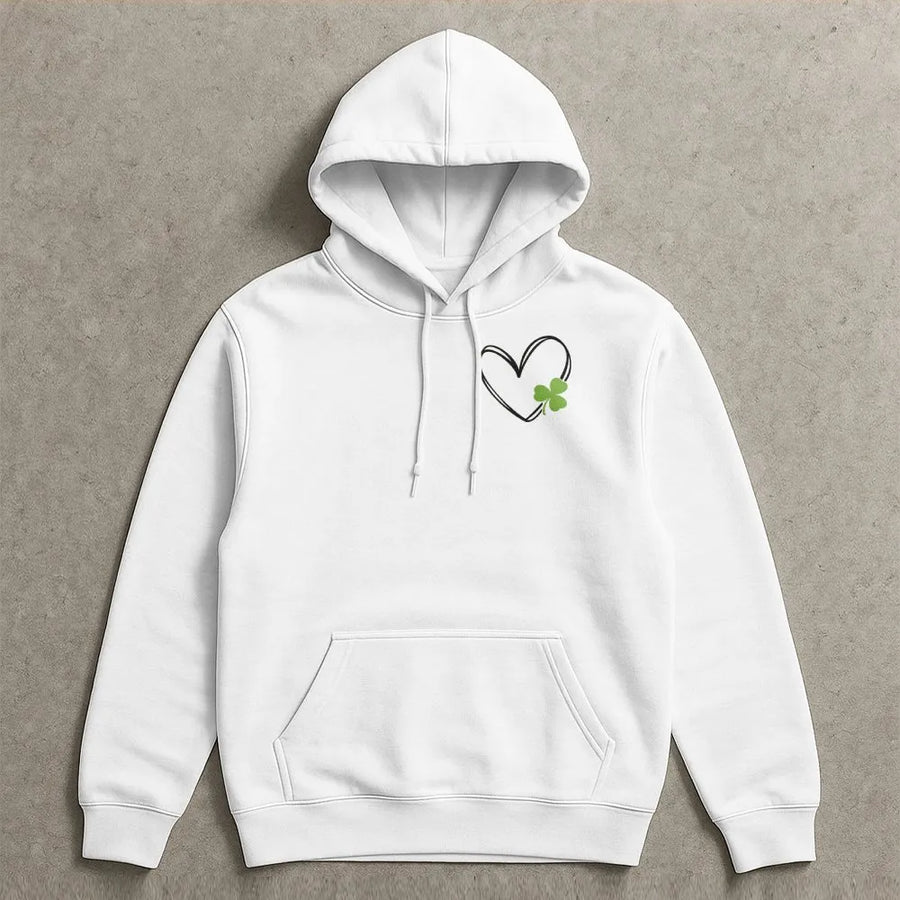 St Patrick's Day Shamrock Heart Hoodie | Minimalist Pocket Print Clover Design | Premium Cotton Blend | Unisex Festive Gift for Her