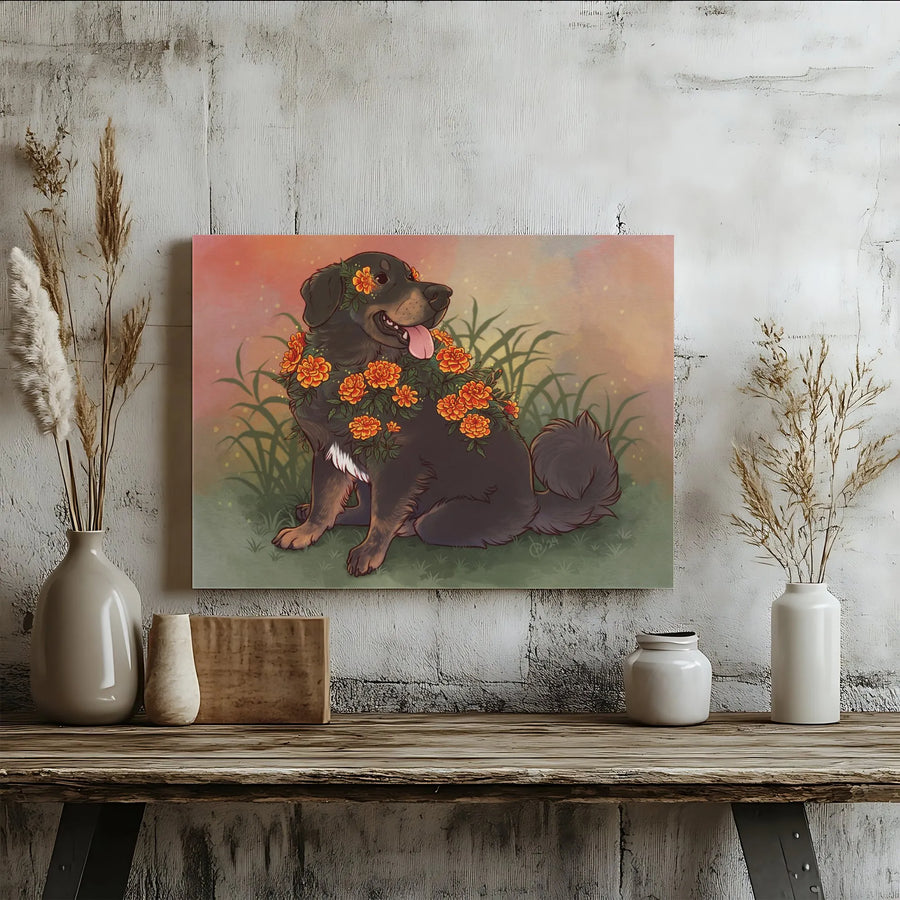Marigold Dog Canvas Print | Day of the Dead Pet Memorial Art | Thick Gallery Wrapped Canvas | Unique Gift for Dog Lover & Pet Owners