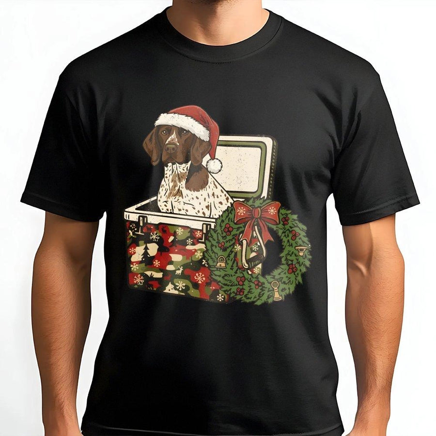 German Shorthaired Pointer Christmas T-Shirt | Festive Dog in Gift Box Graphic | Premium Cotton Unisex Tee | Holiday Gift for Dog Lovers