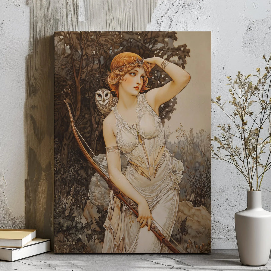 Art Nouveau Goddess Diana Canvas Print | Mythological Archer with Owl Wall Art | Premium Gallery Wrap Decor | Gift for Mythology Lovers